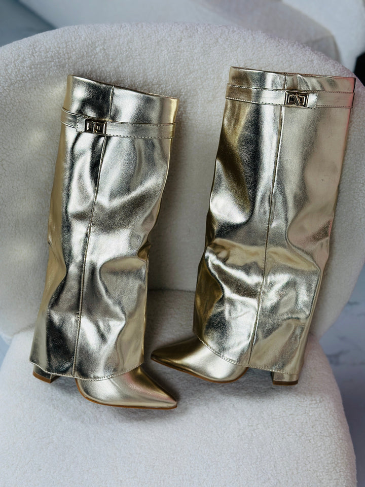 Séraphine – Gold Knee-High Boots with Pointed Toe