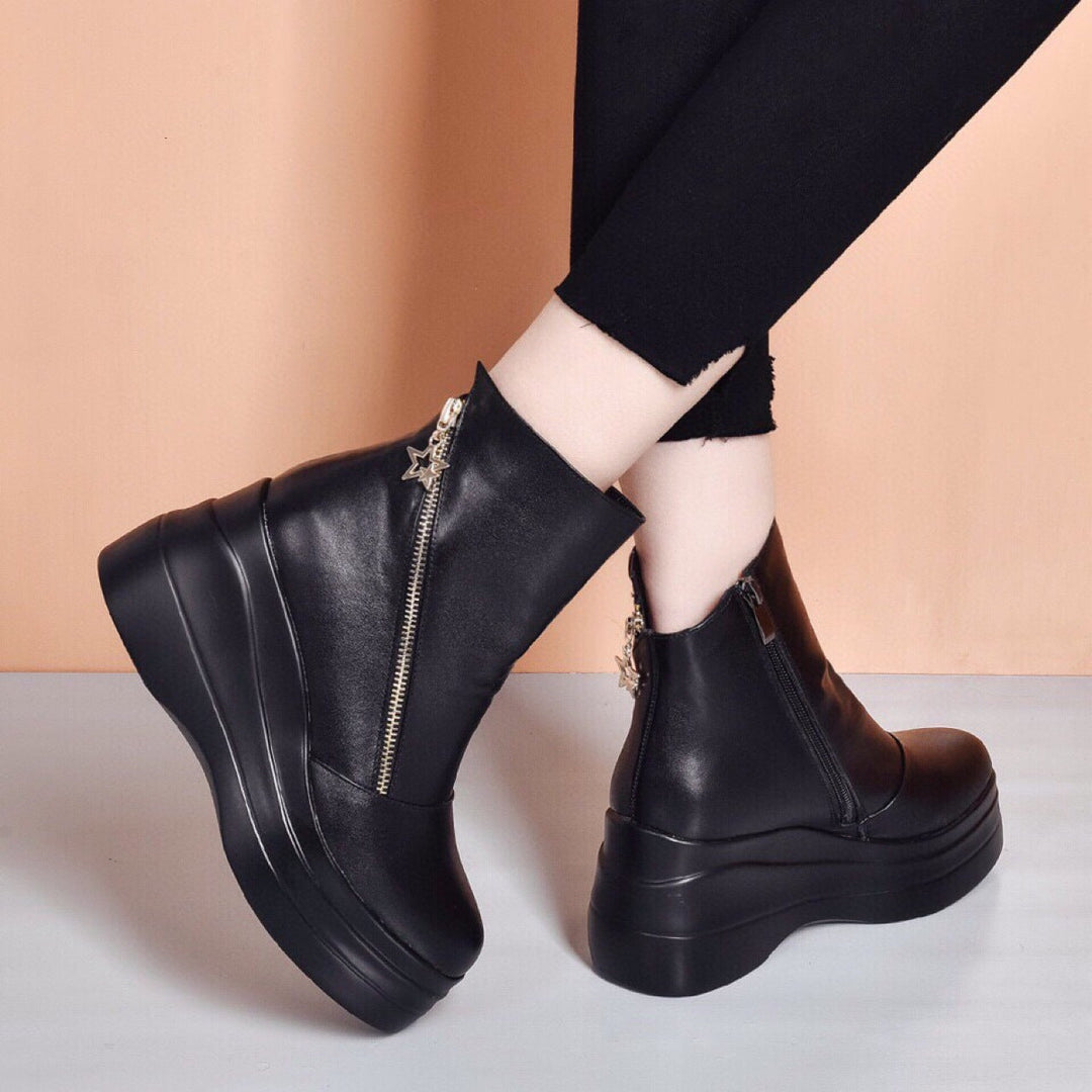 Aurélia – Leather Wedge Ankle Boots with Diagonal Zipper