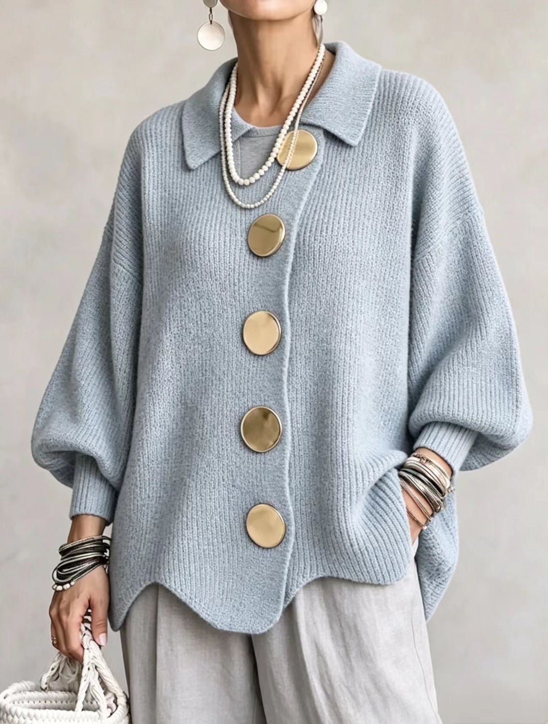 Isadora – Oversized Collared Cardigan with Large Metal Buttons