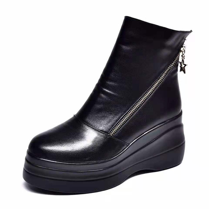 Aurélia – Leather Wedge Ankle Boots with Diagonal Zipper