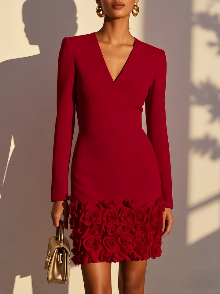Rosalie – Fitted Dress with Embossed Floral Hem