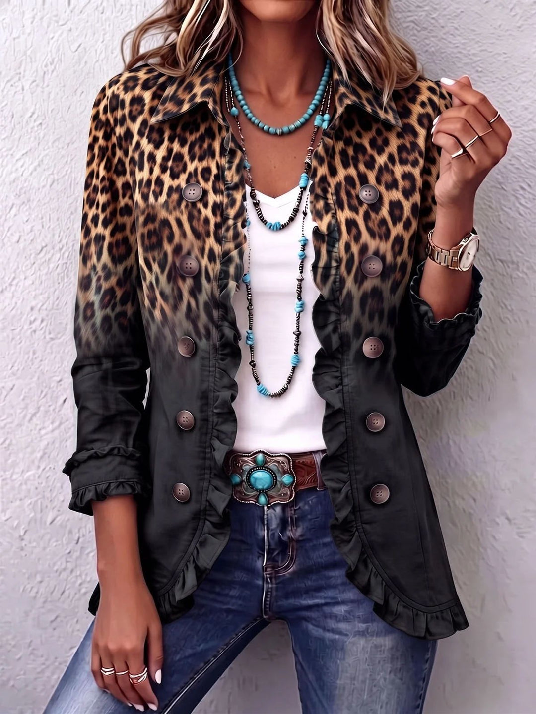 Rosmine – Vintage Ombré Leopard Jacket with Ruffles