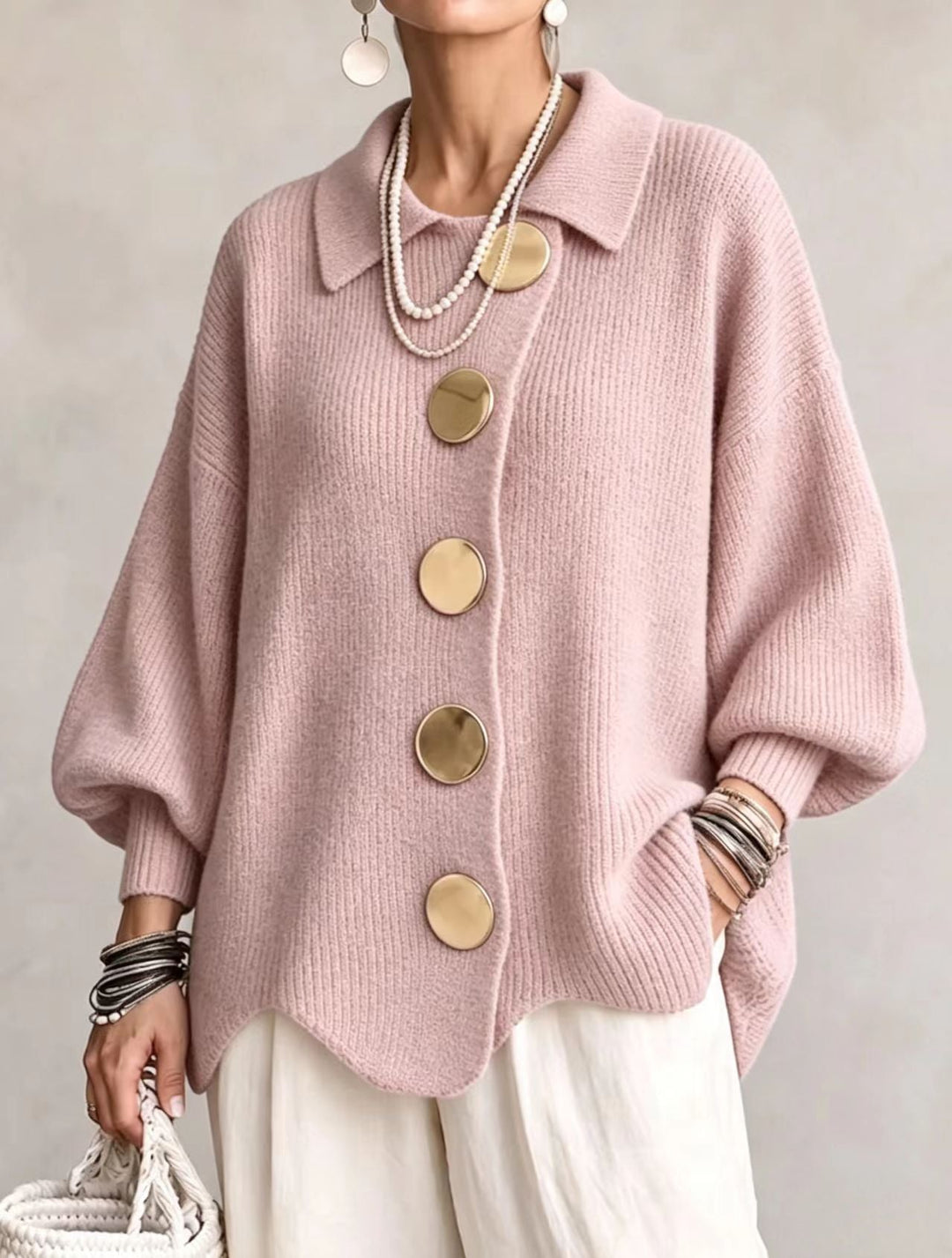 Isadora – Oversized Collared Cardigan with Large Metal Buttons