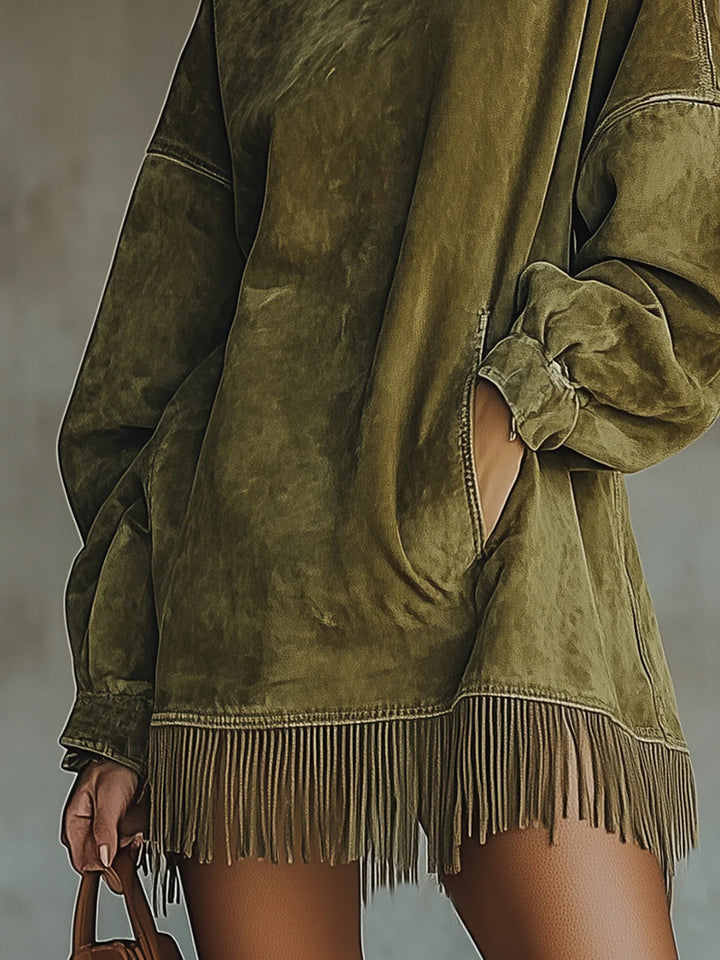 Gabrielle | Faux Suede Turtleneck Fringe Dress