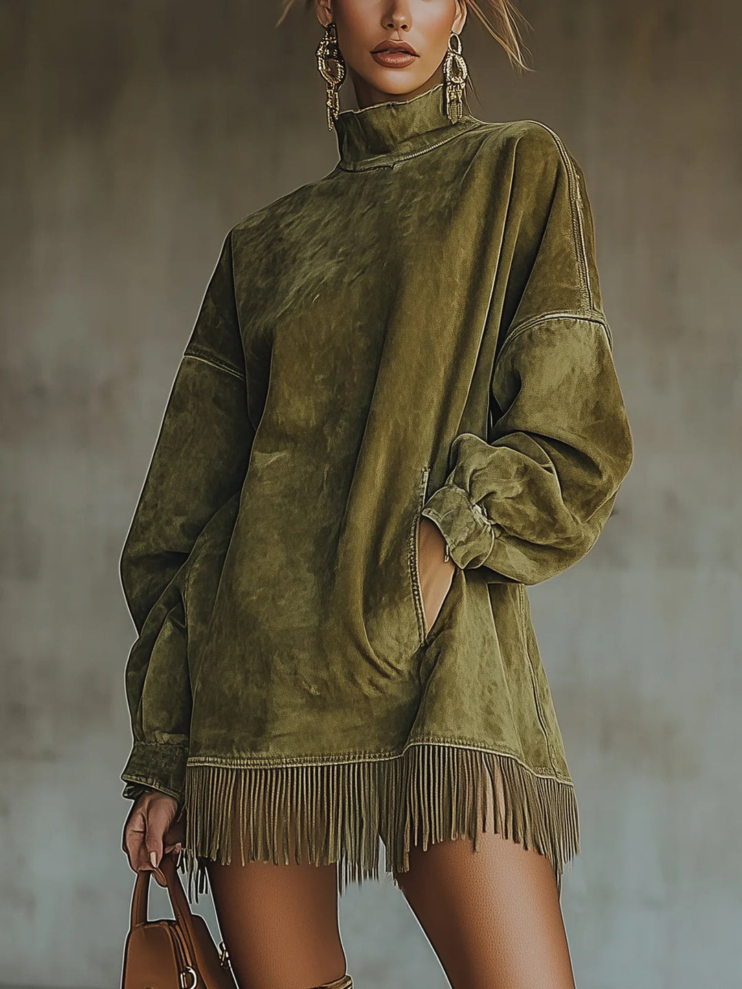 Gabrielle | Faux Suede Dress with High Neck and Fringe