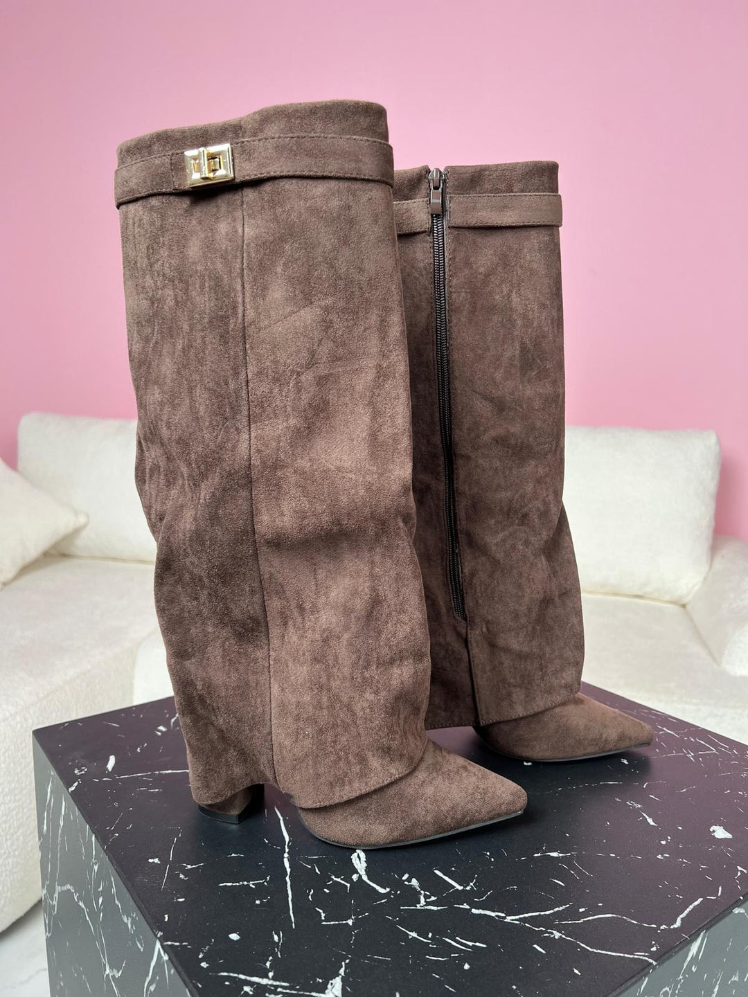 Camille – Faux Suede Knee-High Boots with Buckle