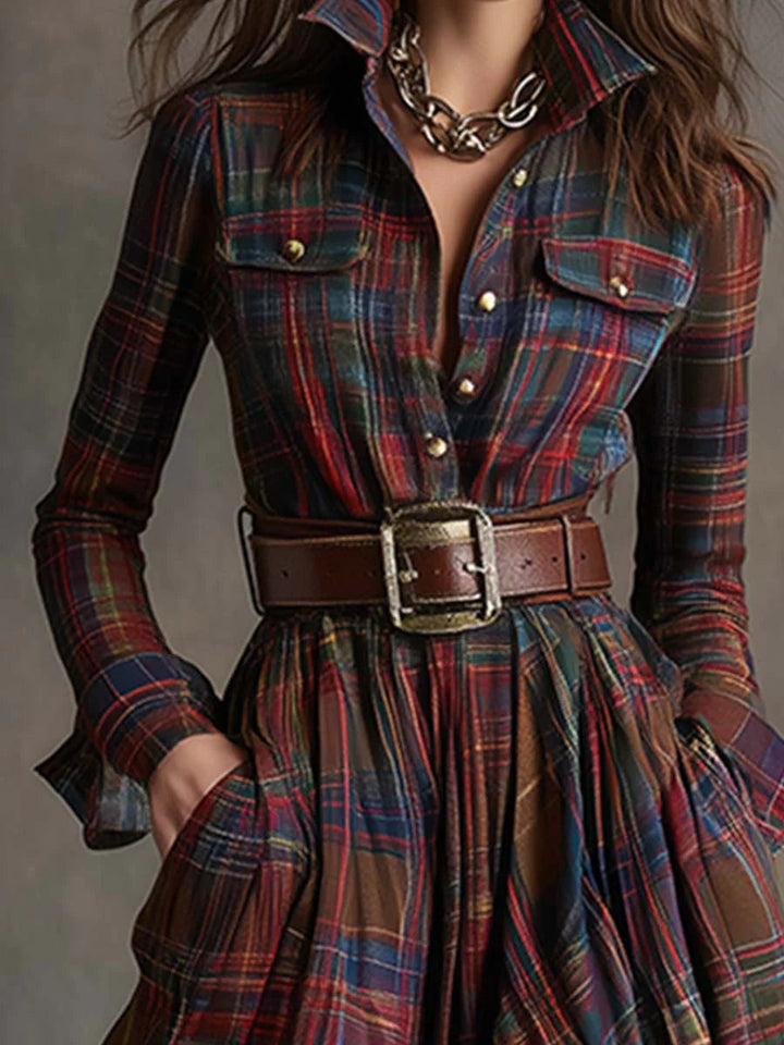 Béatrice | Plaid Long Dress with Belt