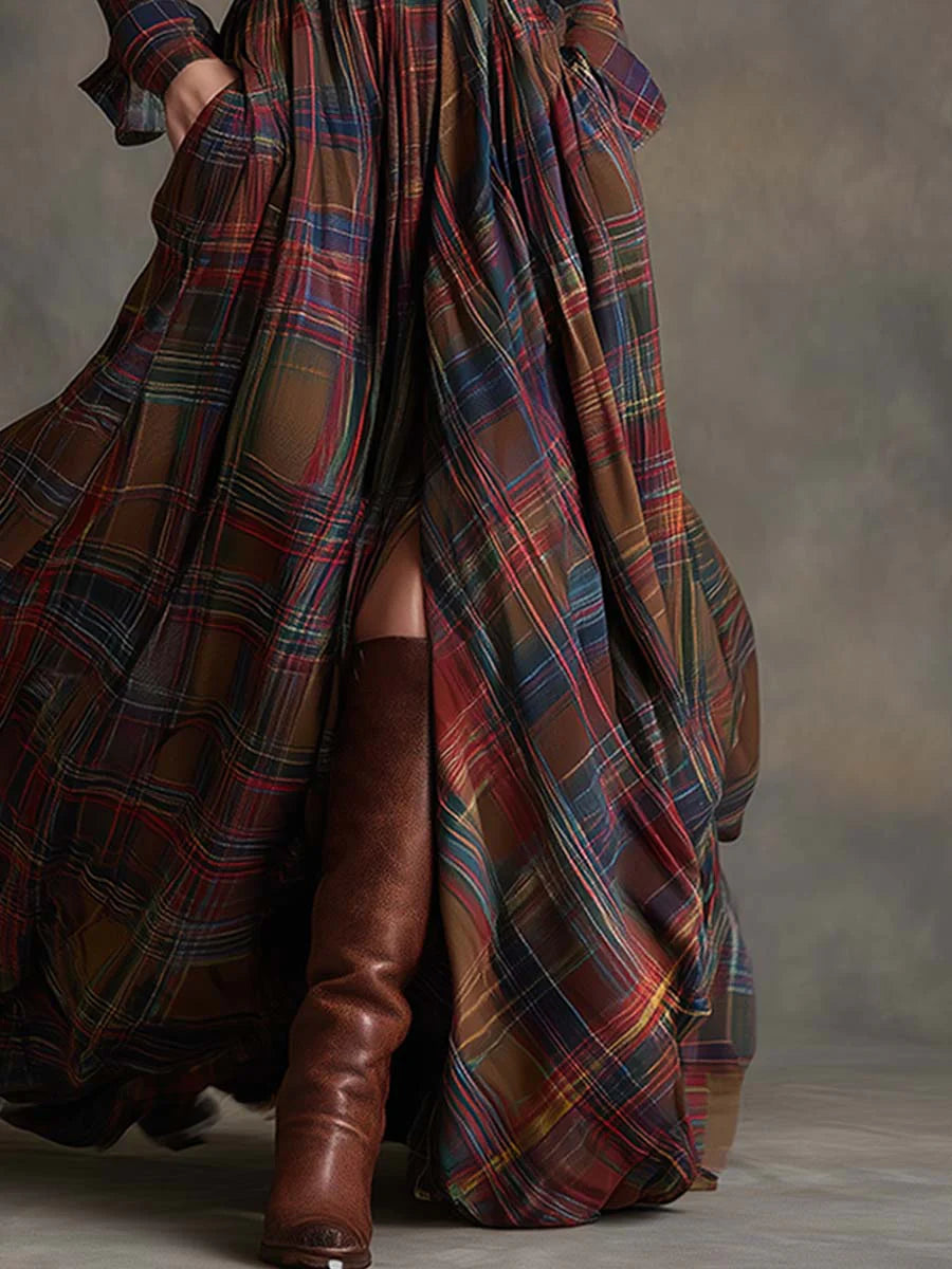 Béatrice | Plaid Long Dress with Belt