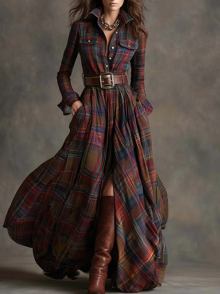 Béatrice | Plaid Long Dress with Belt