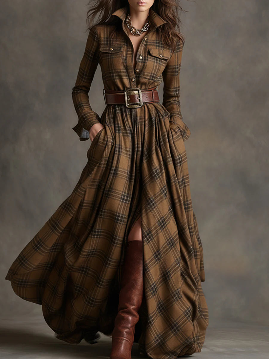 Béatrice | Plaid Long Dress with Belt