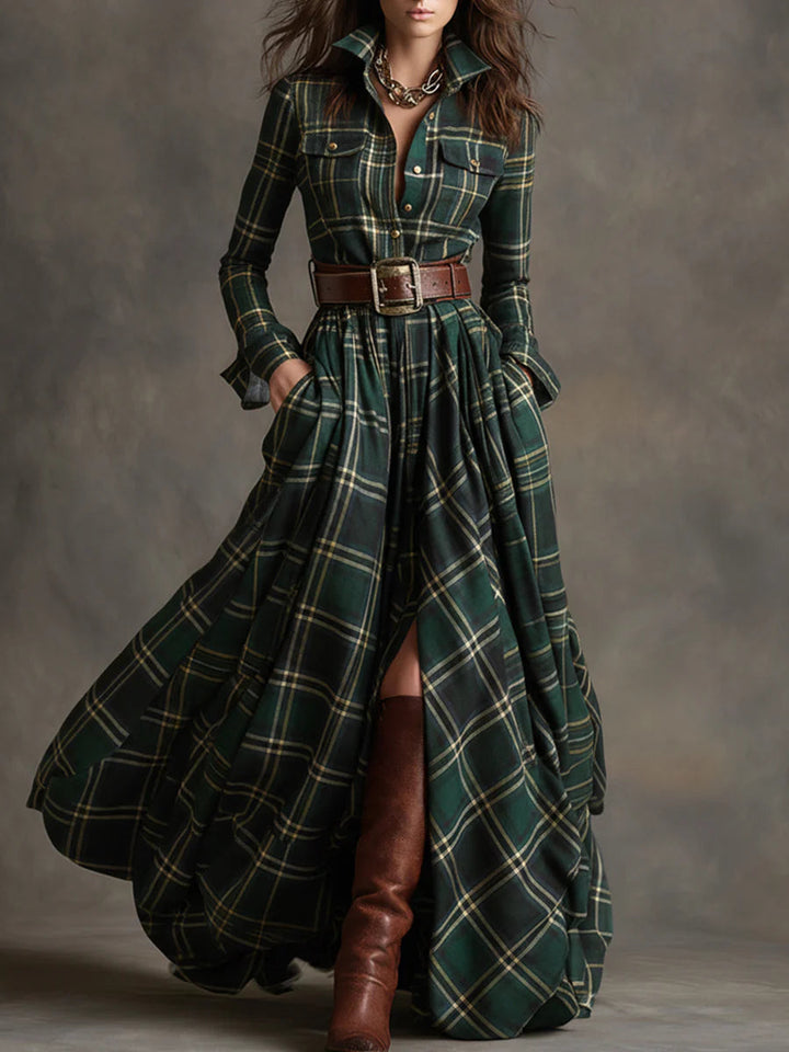 Béatrice | Plaid Long Dress with Belt