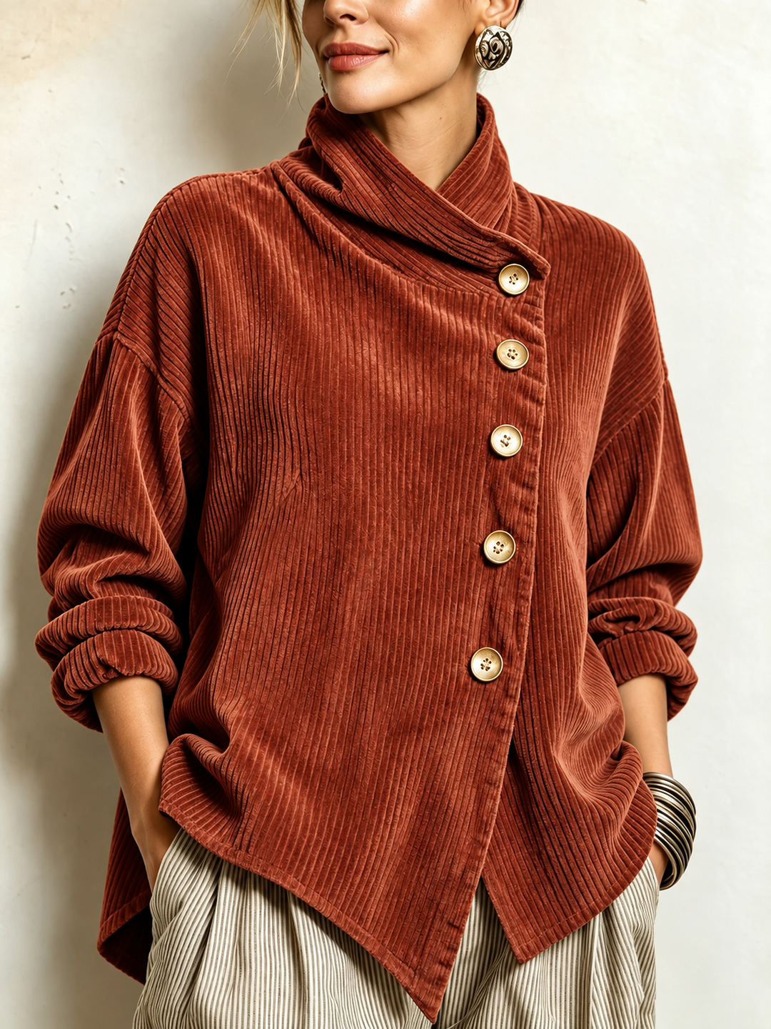 AMBER | Corduroy button-up top - Terracotta