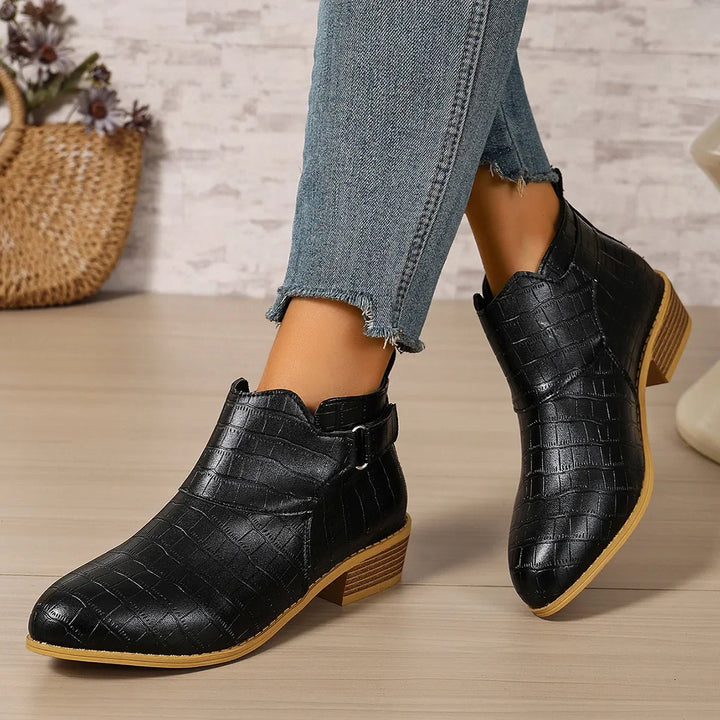 Maëlys – Croc-Effect Orthopedic Ankle Boots with Low Block Heel