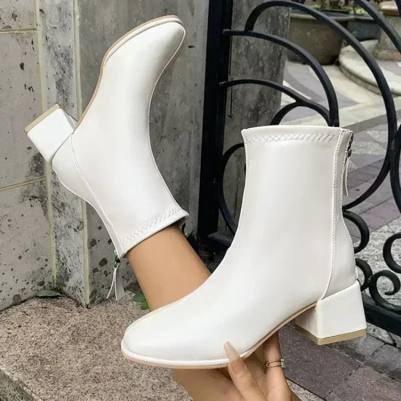 Victoire – Block Heel Ankle Boots with Back Zipper