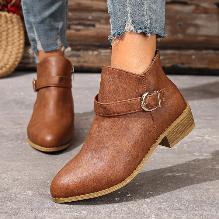 Albane – Pointed Ankle Boots with Buckle and Low Heel