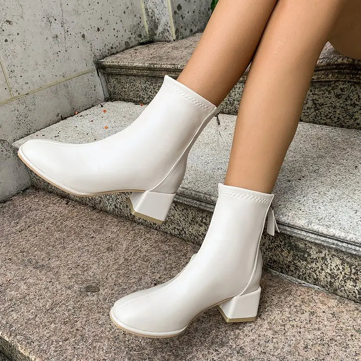 Victoire – Block Heel Ankle Boots with Back Zipper