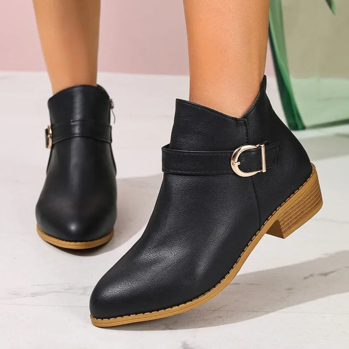 Albane – Pointed Ankle Boots with Buckle and Low Heel
