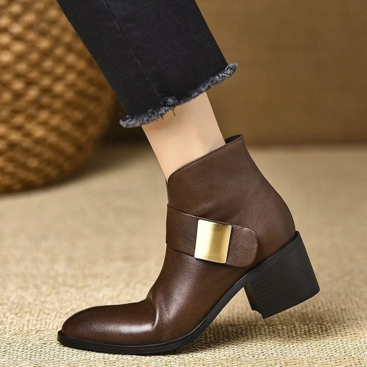 Bérénice – Pointed Orthopedic Ankle Boots with Gold Buckle