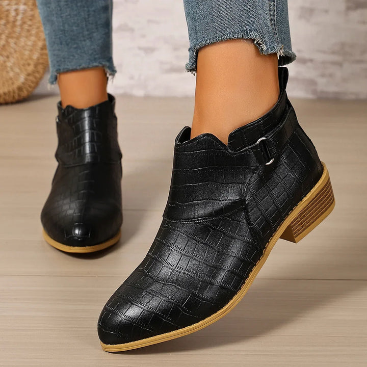 Maëlys – Croc-Effect Orthopedic Ankle Boots with Low Block Heel