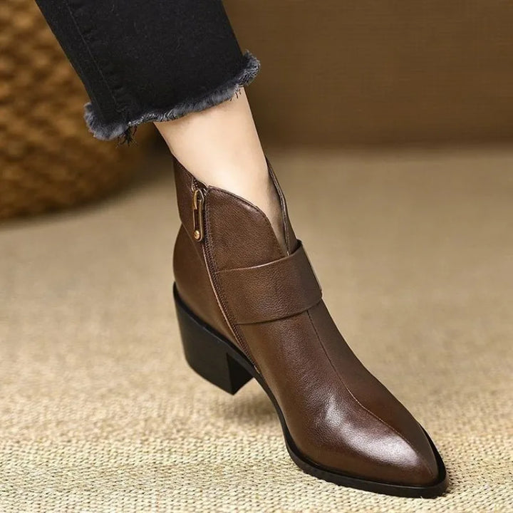 Bérénice – Pointed Orthopedic Ankle Boots with Gold Buckle