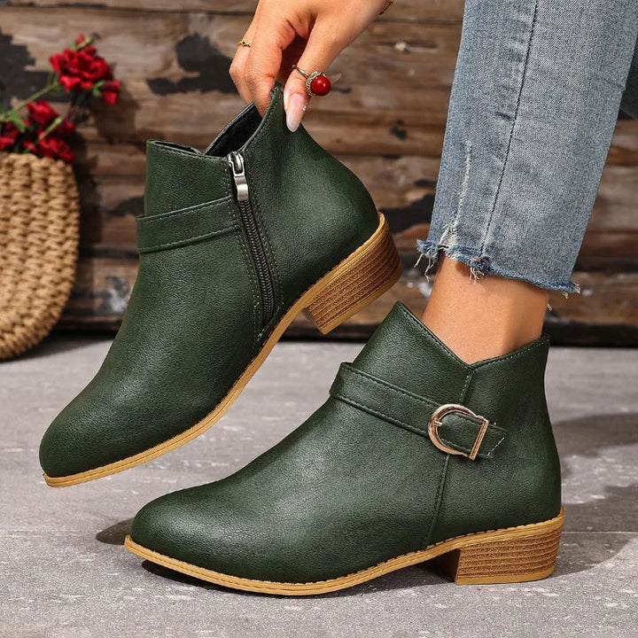 Albane – Pointed Ankle Boots with Buckle and Low Heel