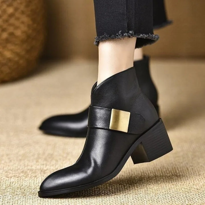 Bérénice – Pointed Orthopedic Ankle Boots with Gold Buckle