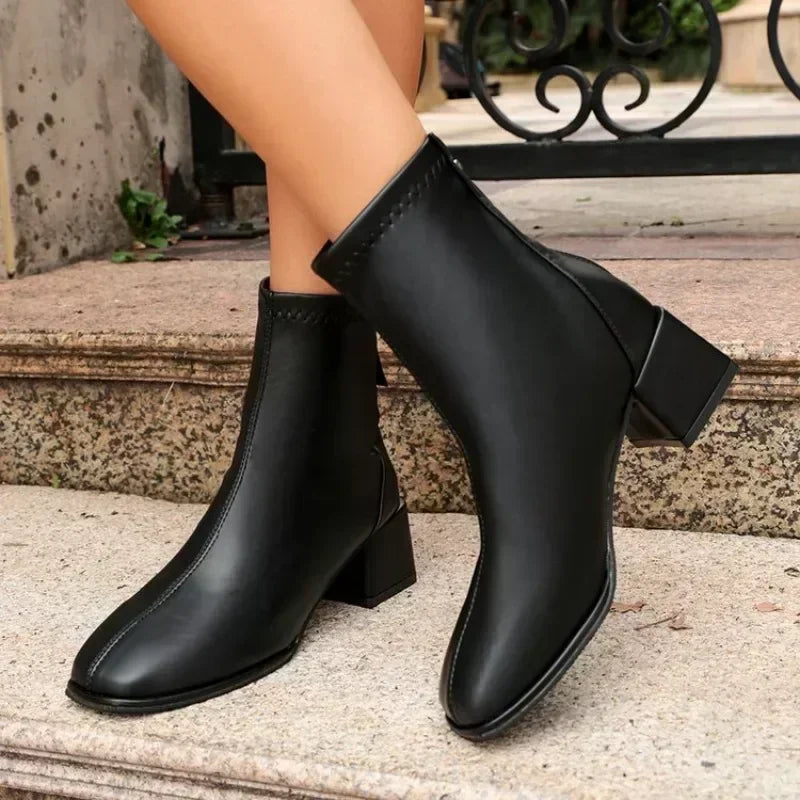 Victoire – Block Heel Ankle Boots with Back Zipper
