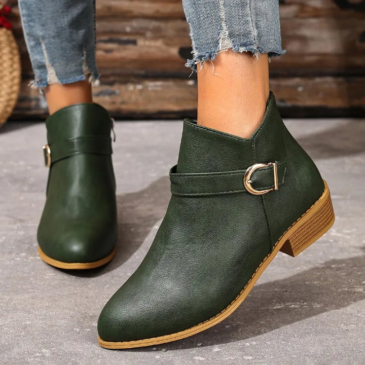 Albane – Pointed Ankle Boots with Buckle and Low Heel