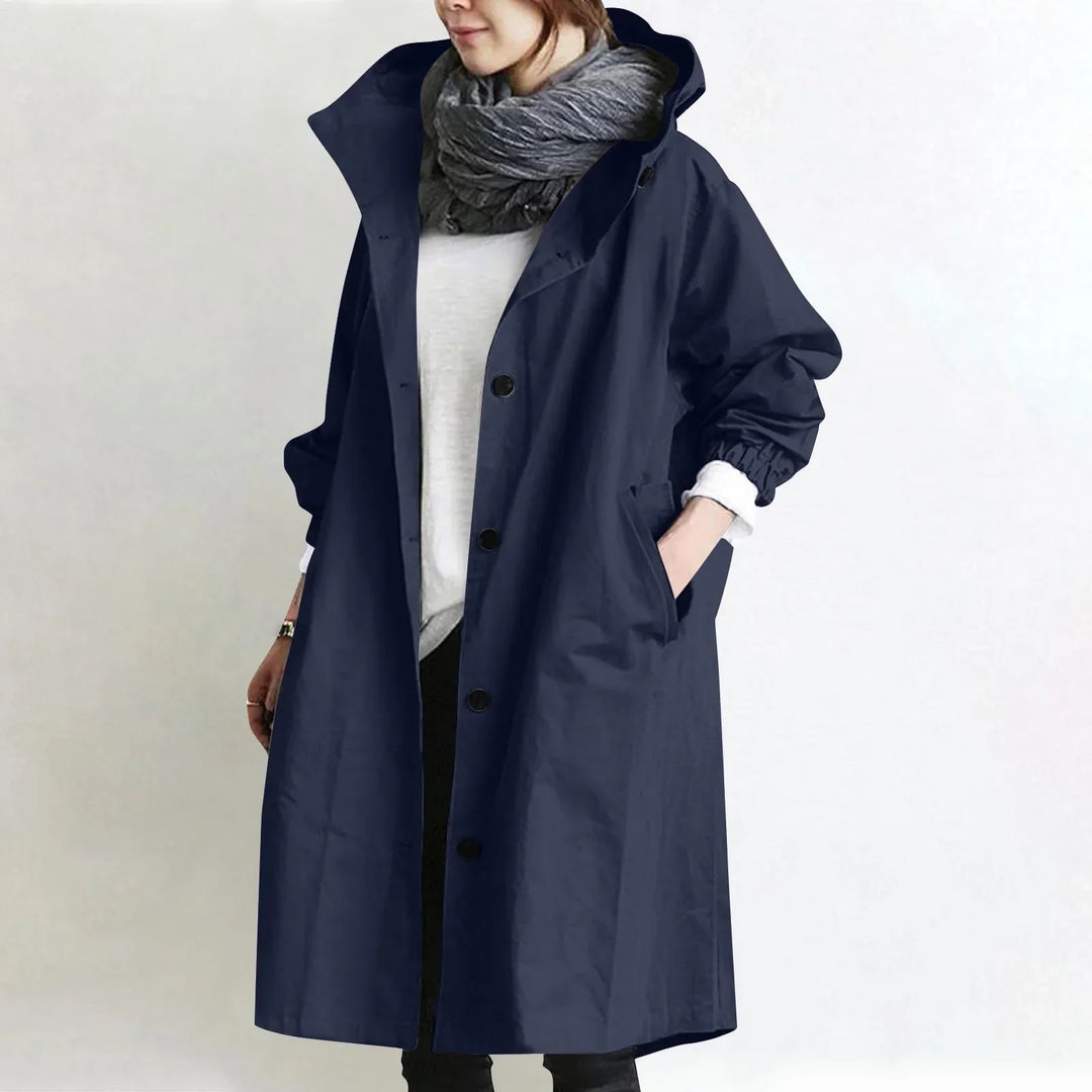 Navy Blue Hooded Longline Trench Coat