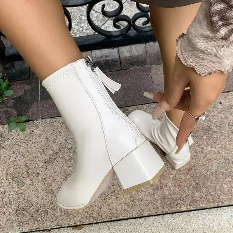 Victoire – Block Heel Ankle Boots with Back Zipper