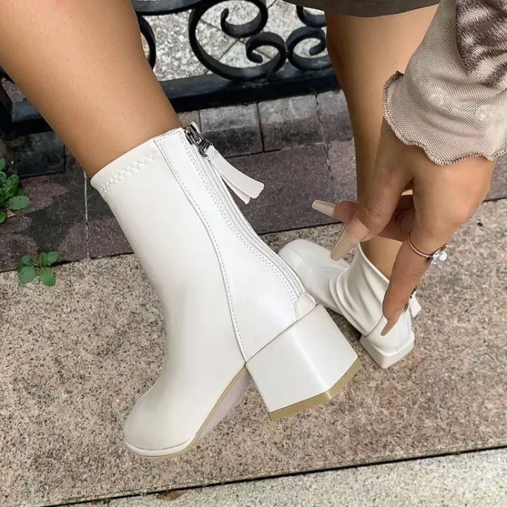 Victoire – Block Heel Ankle Boots with Back Zipper