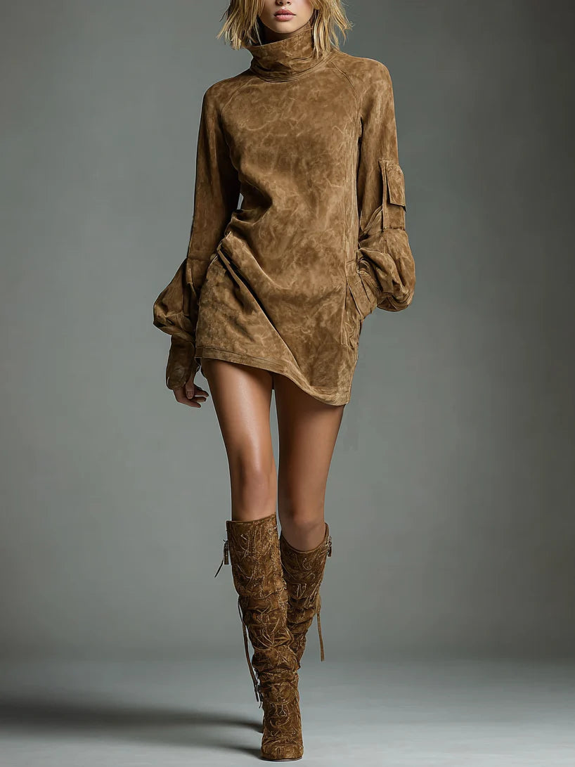 Bibiane | Oversized Faux Suede Mini Dress with High Neck
