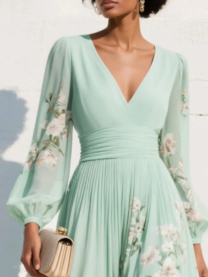 Mathilda - Light Green V-Neck Chiffon Pleated Floral Midi Dress