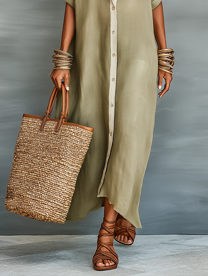 Manelle | Long Olive Green Dress with Minimalist Lines