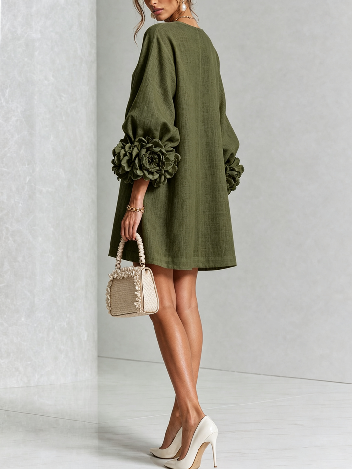 Fatima - Olive Floral Button-Down Mini Dress with Statement Sleeves