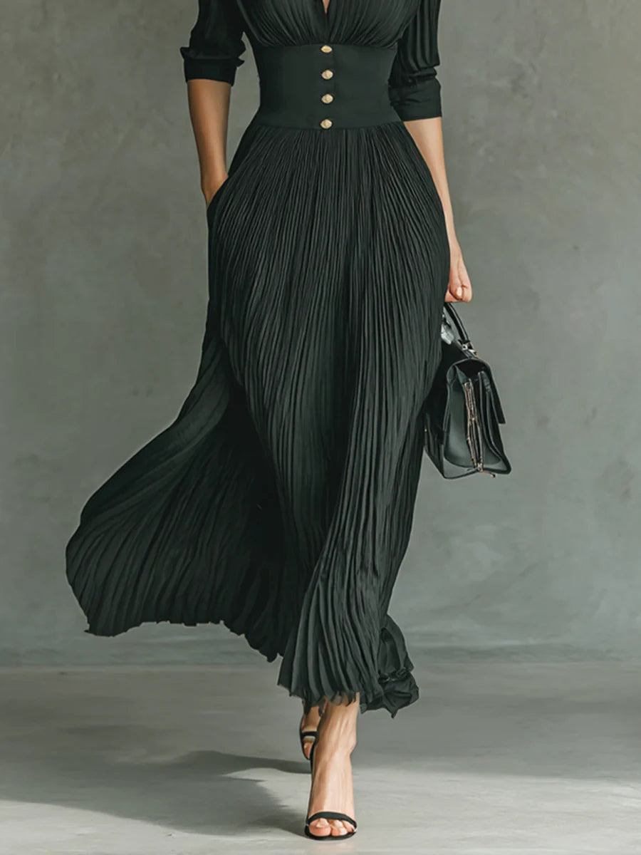 Elvira | Pleated Lapel High-Waist Maxi Dress