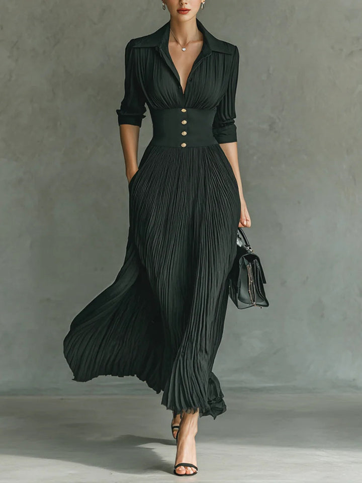 Elvira | Pleated Lapel High-Waist Maxi Dress