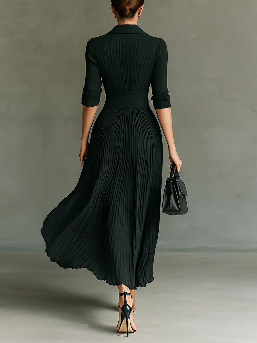 Elvira | Pleated Lapel High-Waist Maxi Dress