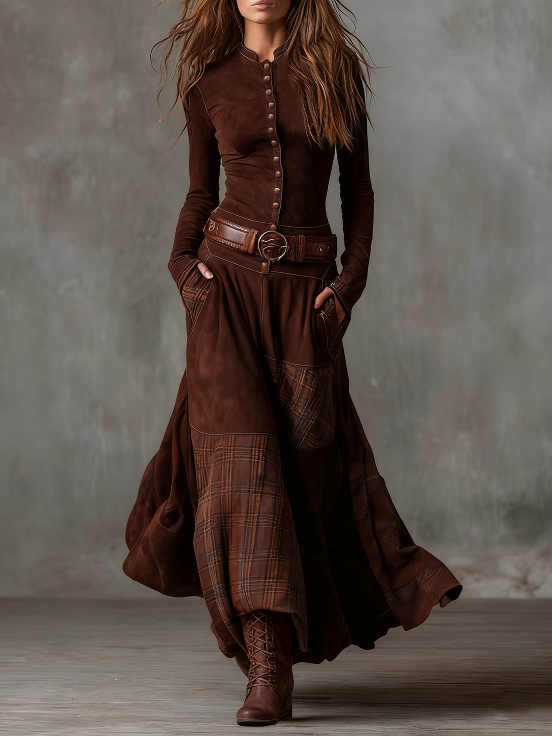 Elise | Faux Suede Patchwork Belted Maxi Dress