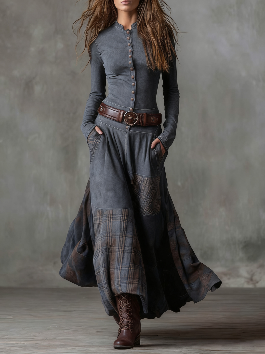 Elise | Faux Suede Patchwork Belted Maxi Dress