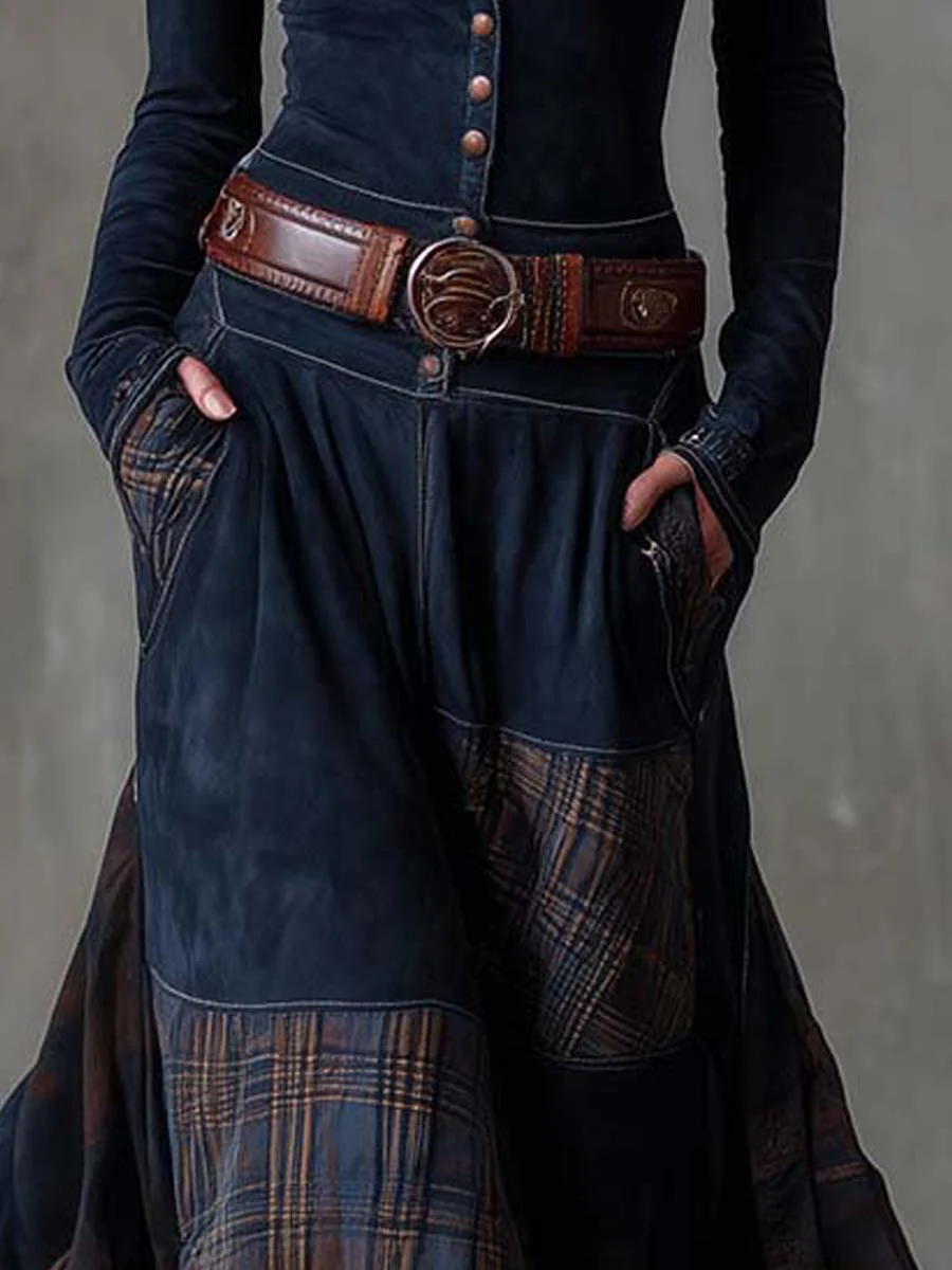 Elise | Faux Suede Patchwork Belted Maxi Dress