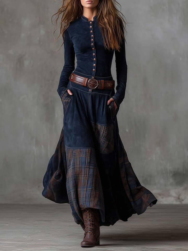 Elise | Faux Suede Patchwork Belted Maxi Dress