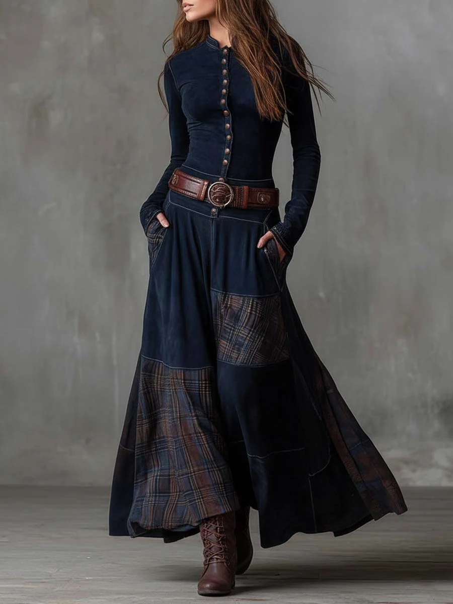 Elise | Faux Suede Patchwork Belted Maxi Dress