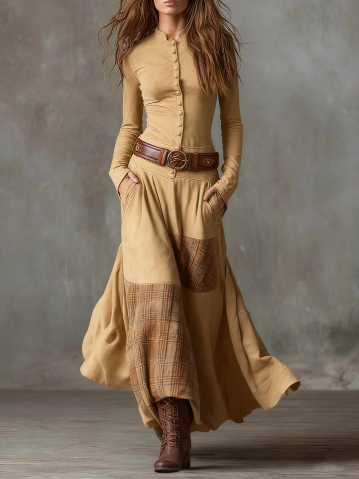 Elise | Faux Suede Patchwork Belted Maxi Dress