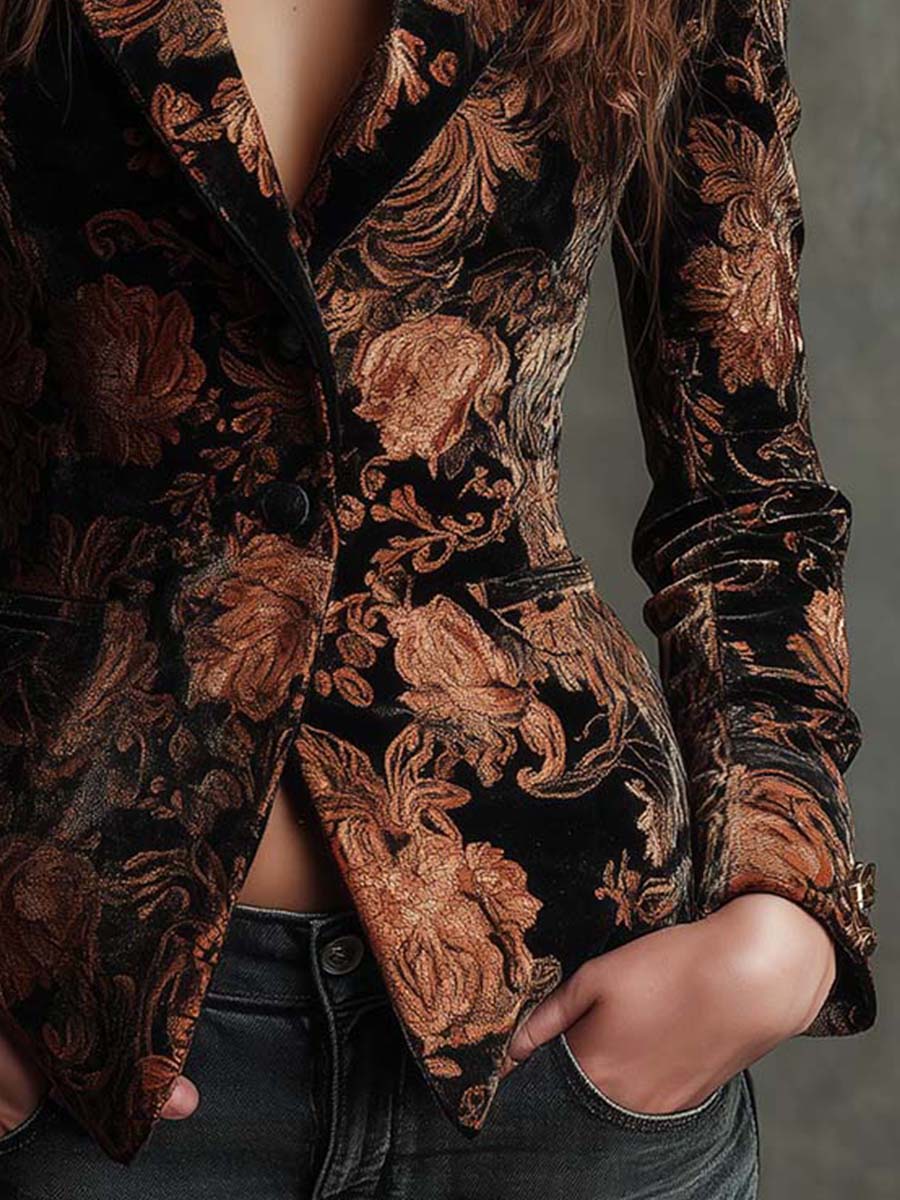 Véronique – Fitted Bronze Floral Pattern Blazer