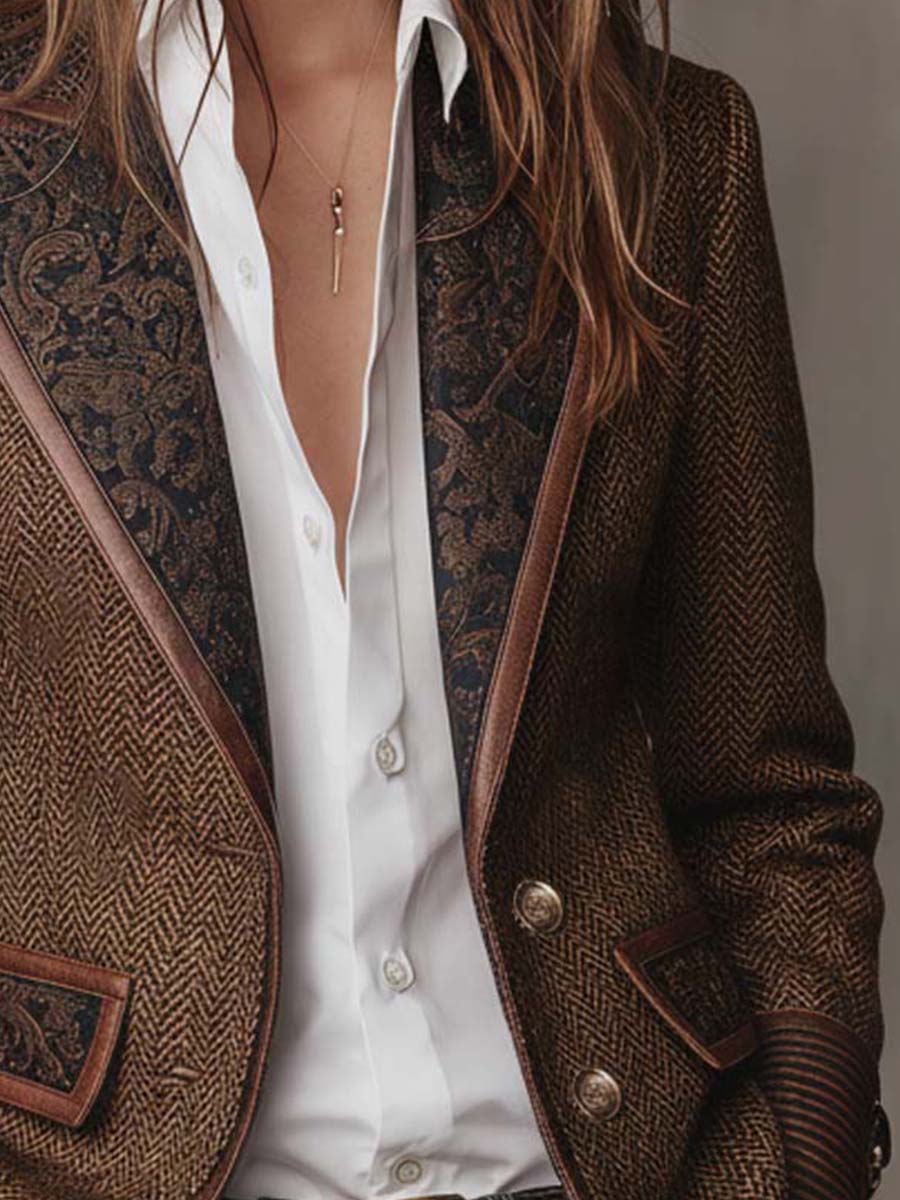 Odile – Herringbone Blazer with Embroidered Panels