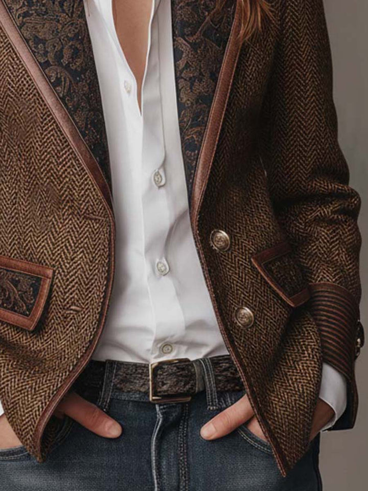 Odile – Herringbone Blazer with Embroidered Panels