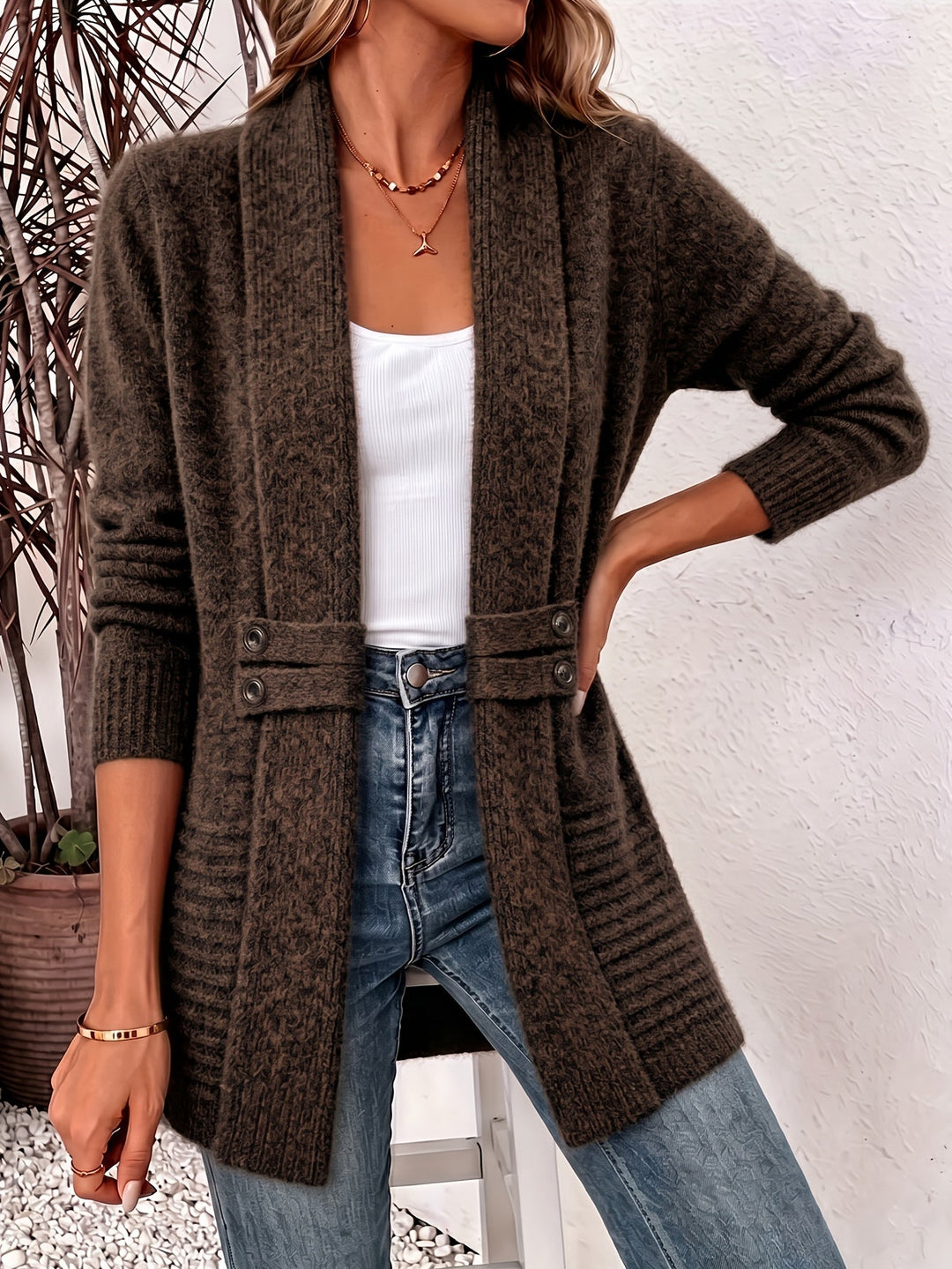 FAITH | Open-front cardigan with seamed waist - Brown
