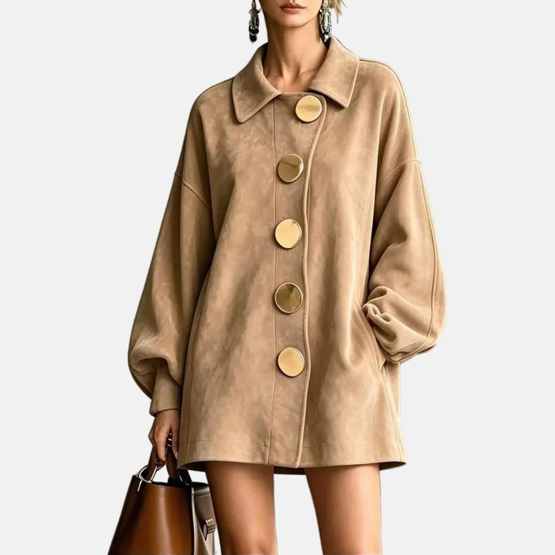 Amelia – Faux Suede Coat with Gold Buttons