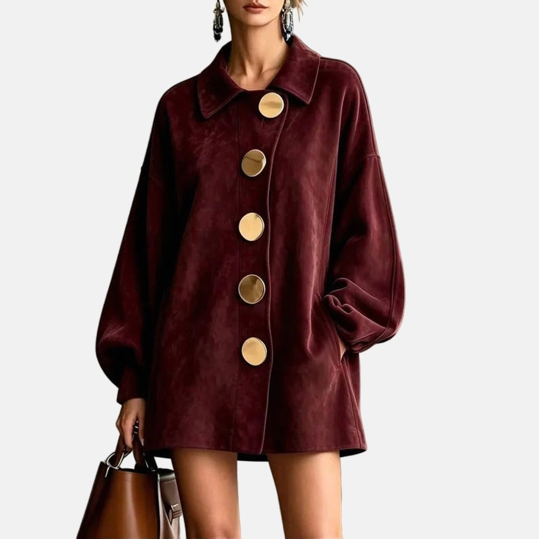 Amelia – Faux Suede Coat with Gold Buttons